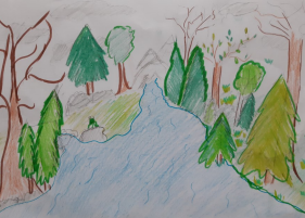 obraz przedstawia rzekę pomiędzy drzewami