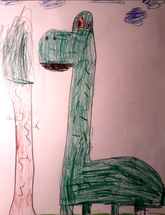 zdjęcie rysunku dinozaura przy drzewie