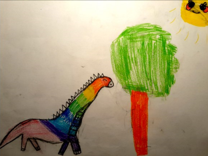 zdjęcie rysunku dinozaura przy drzewie
