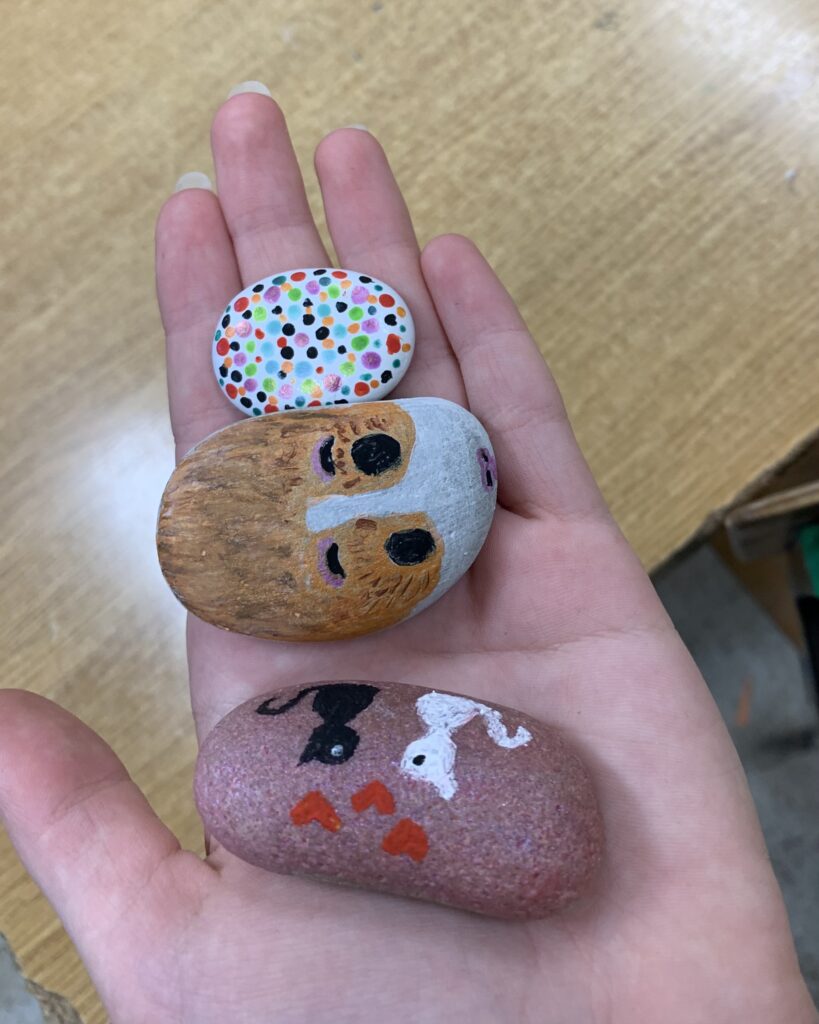 3 kolorowe pomalowane kamienie leżące na dłoni