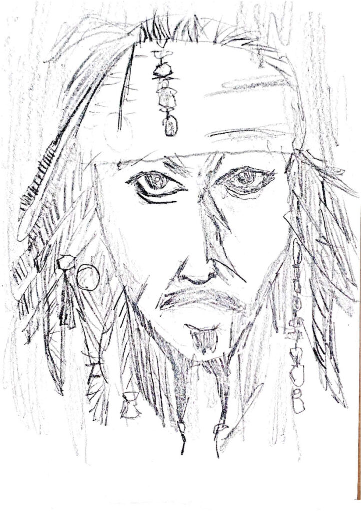 Jest to zdjęcie pracy ucznia, który namalował ręką za pomocą ołówka Jacka Sparrowa