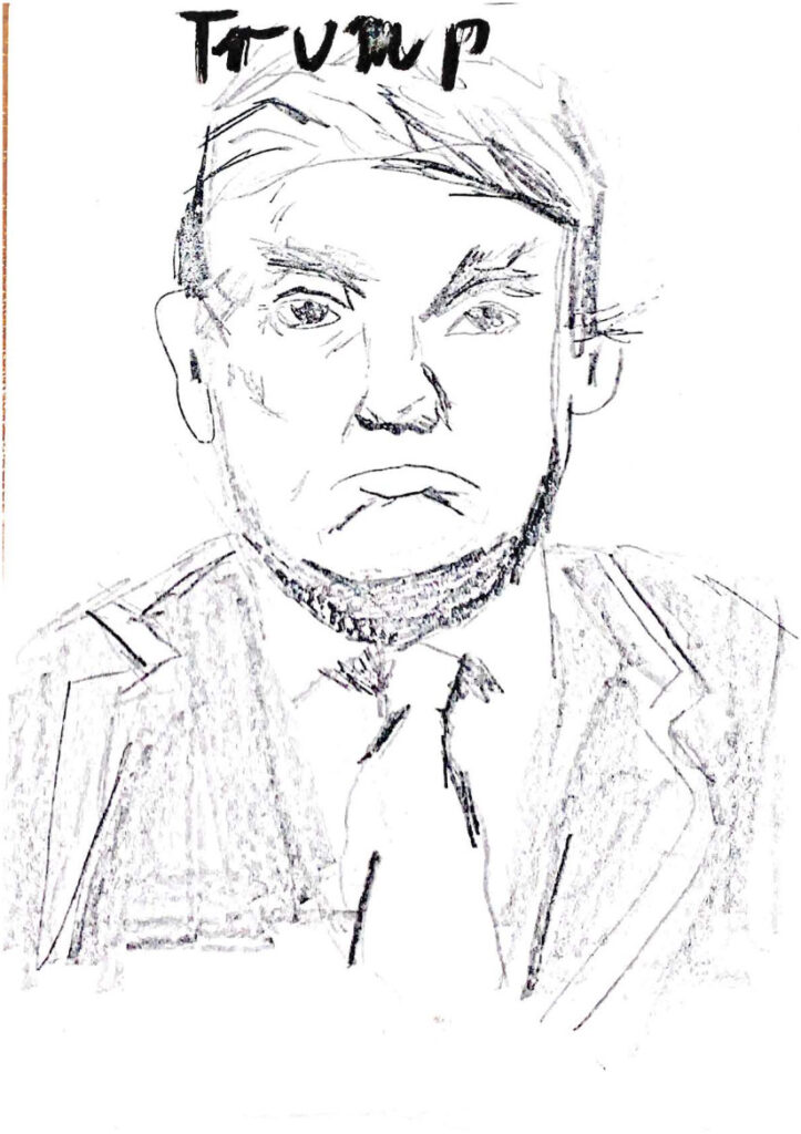 Jest to zdjęcie pracy ucznia, który namalował ręką za pomocą ołówka 
 Pana Prezydenta Stanów Zjednoczonych Trupa