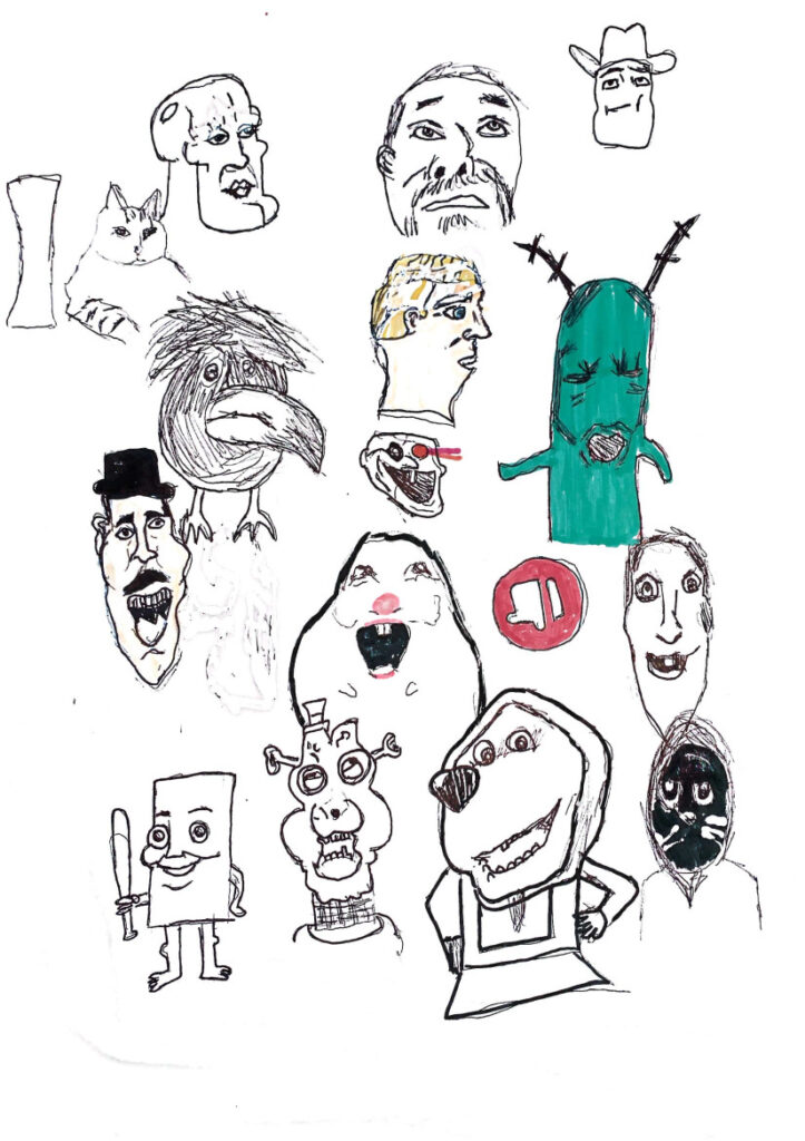 Jest to zdjęcie pracy ucznia, który namalował ręką za pomocą ołówka i flamastrów rózne postacie np. Freedy z filmu pięć koszmarnych nocy czy postać z Spongeboba