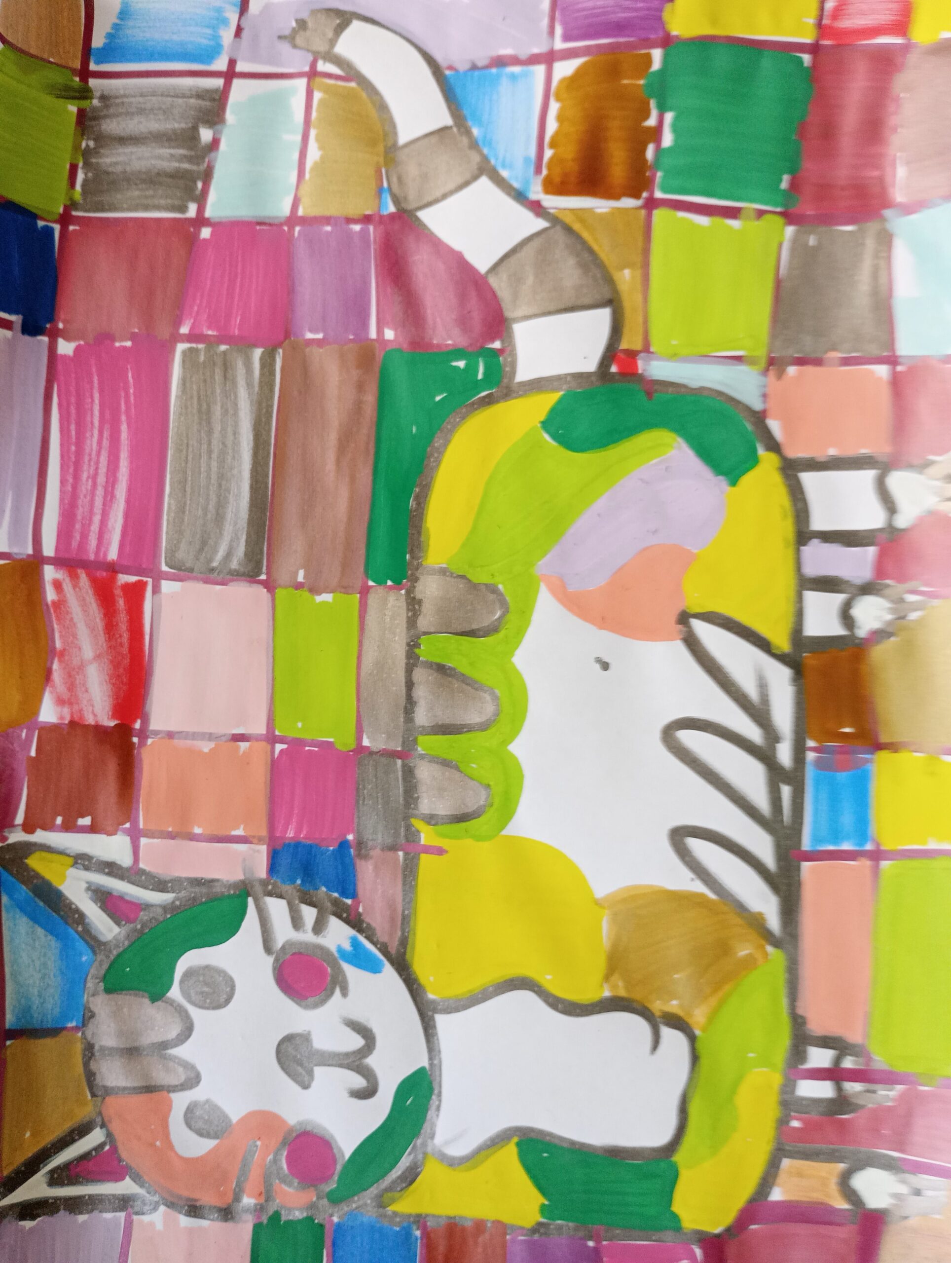 Obrazek przedstawia kota na tle kolorowej mozaiki.